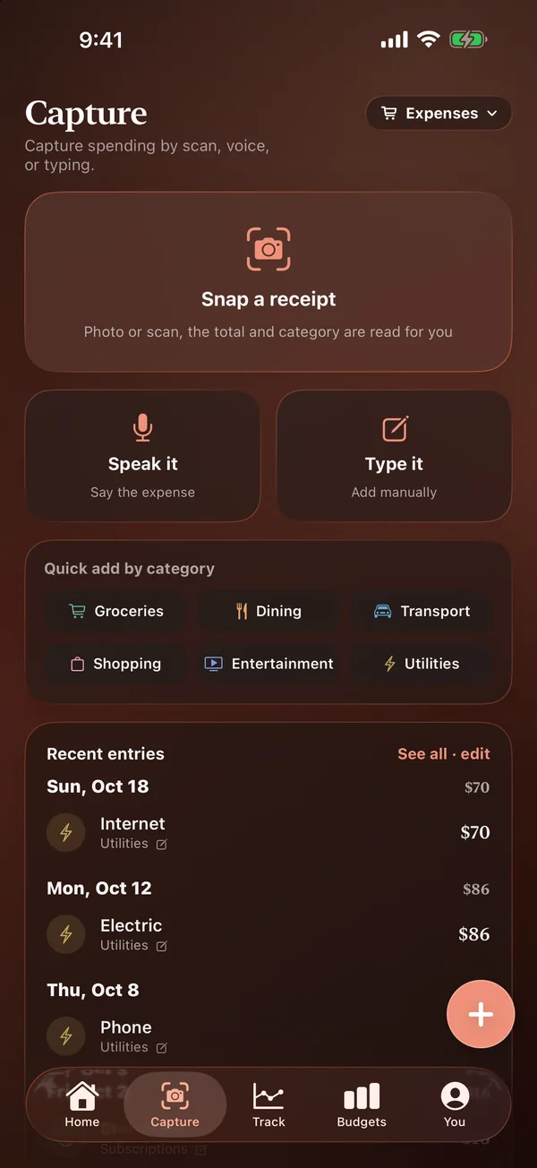 Capture: snap a receipt, speak it, or type it.