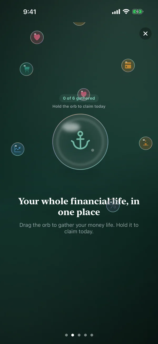 The glass orb: drag it to gather your money life.